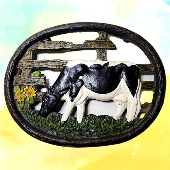 Vintage Cast Iron Trivet-Black and White Cow Trivet Farmhouse Decor 8"x6.25" - Picture 1 of 10